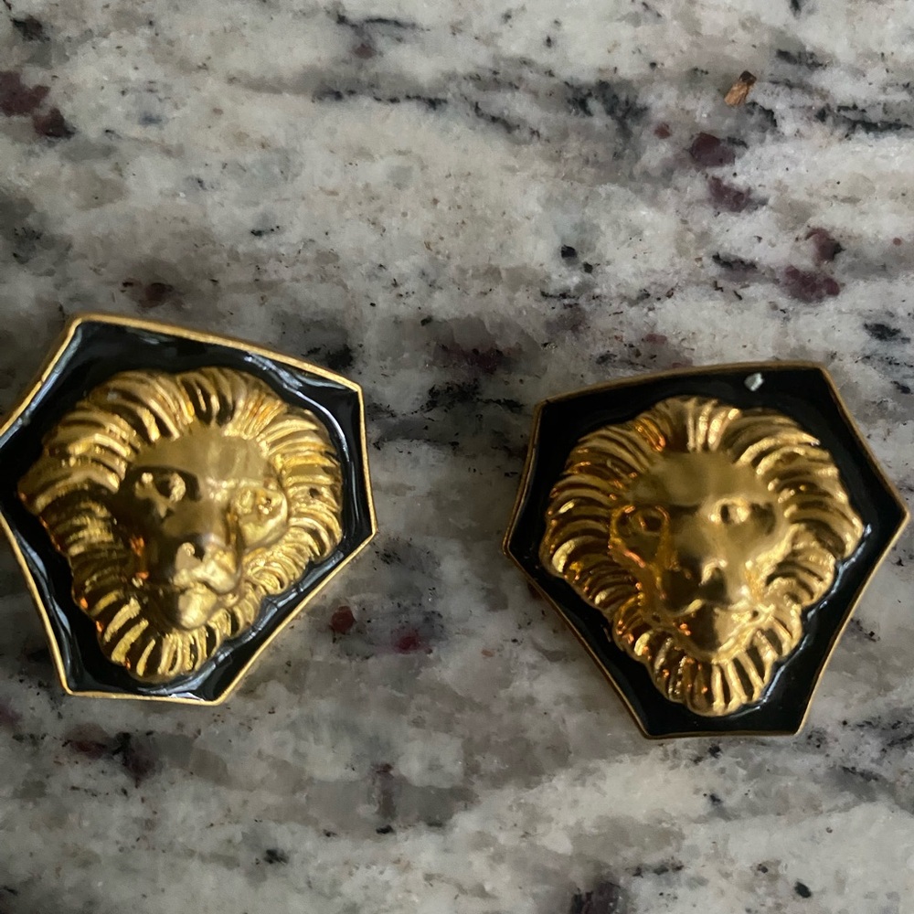 Vintage Gold & Black Lion Head Earrings
